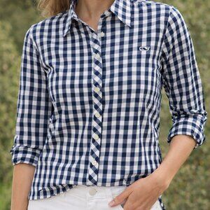 Women's Vineyard Vines Navy Gingham Long Sleeve Button Down Size 8